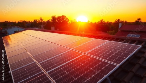 Sunset casts golden light on rooftop solar panels, powering a home,  golden light,  energy independence