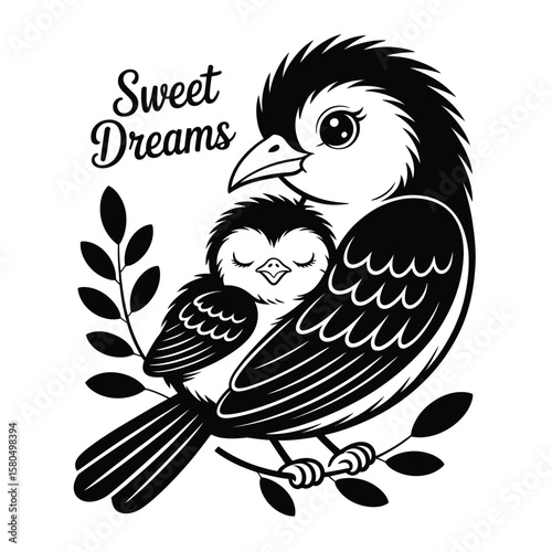 Black and white vector illustration of mother bird sheltering baby bird under wing with sweet dreams text