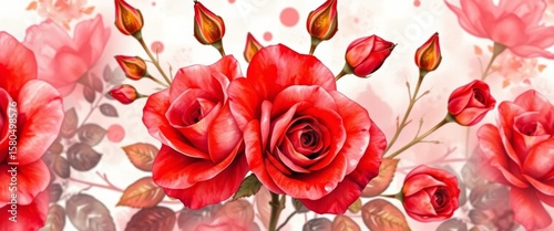 Watercolor red roses in a blooming floral background design, nature, romantic