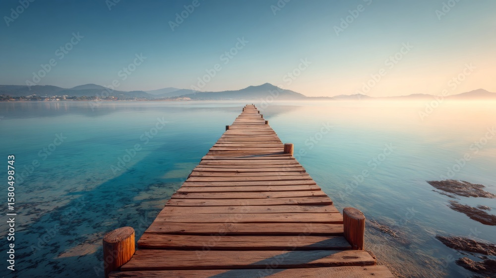 Obraz premium Wooden Pier Extending into Calm Ocean at Sunrise