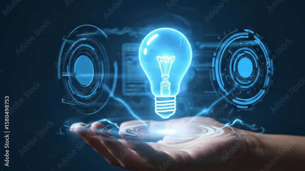 Holographic light bulb above hand symbolizing innovation and ideas