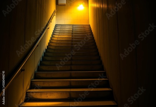 Yellow light illuminates descending concrete stairs,   yellow glow,  shadow