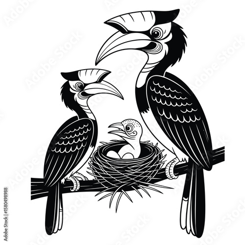 Hornbill parents guarding baby in nest black and white vector illustration