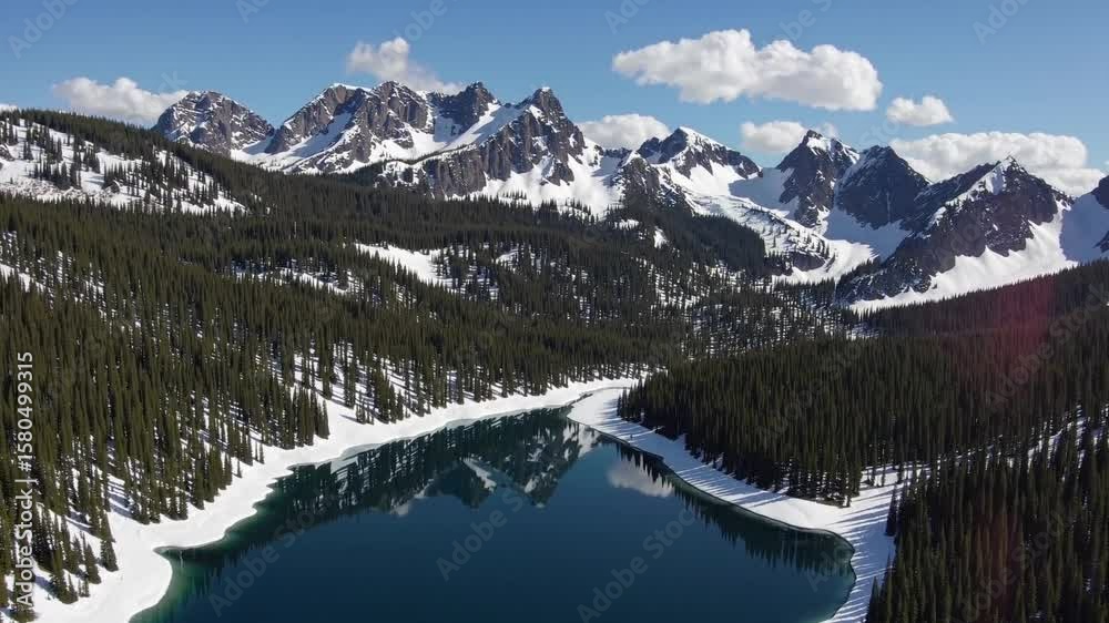 Beautiful winter landscape with snow-capped mountains and a serene lake in the wilderness Beautiful winter landscape with snow-capped mountains and a serene lake in the wilderness