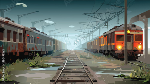 Trains parked on parallel tracks at a station under an overcast sky with overhead power lines seen