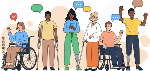 Diverse group of people with disabilities communicating and interacting together