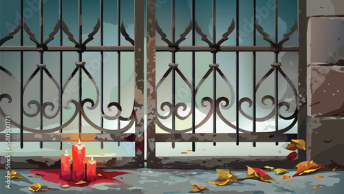 An ornate metal gate with lit candles and scattered leaves creates a somber and atmospheric scene outside