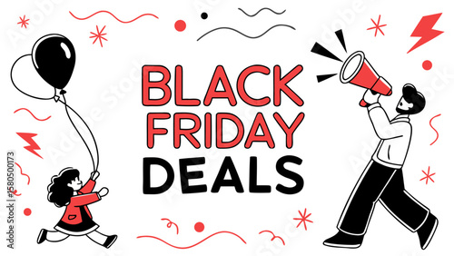 Exciting black friday deals announced with a cheerful girl holding balloons and a man with a megaphone spreading the word about sales