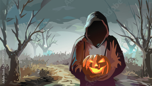 A hooded figure holding a glowing jack o lantern in a spooky forest with bare trees at halloween night