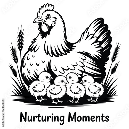 Mother hen protectively sitting with chicks under wings in black and white vector illustration of nurturing farm life