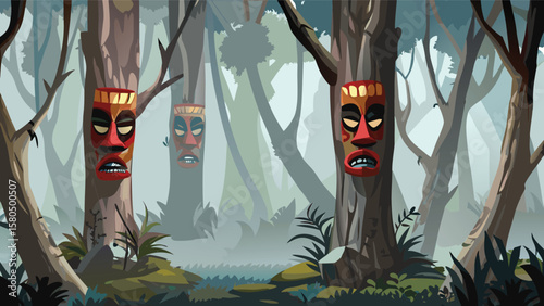 Three tiki masks attached to trees in a misty forest with dense foliage and a foggy background scene here