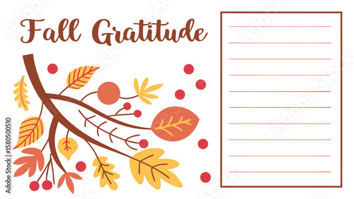 Fall gratitude journal page with autumn leaves and berries illustration and lined writing space for thankful thoughts