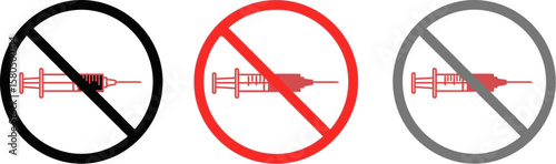 Three prohibition signs with syringes indicating no vaccination or medical injection