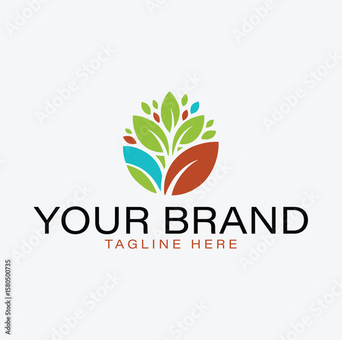 Vibrant logo design featuring an eco-friendly leaf and plant motif.