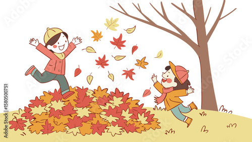 Two happy children in warm clothes jumping and playing in a large pile of colorful autumn leaves under a bare tree