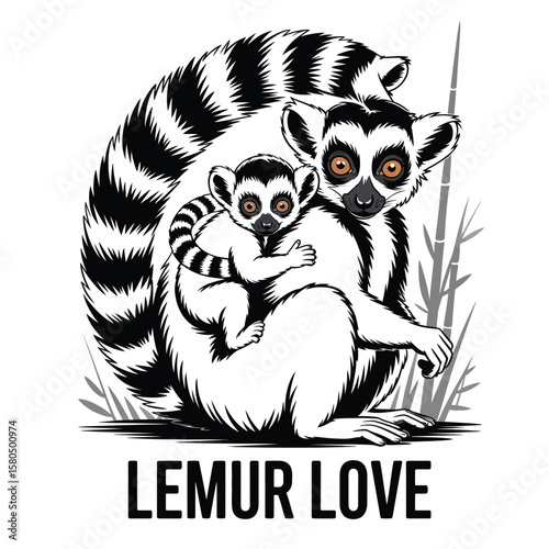 Mother lemur grooming baby lemur black and white vector illustration