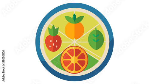Colorful flat design illustration of a circular fruit platter with strawberry orange and lime