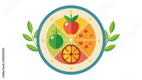 Colorful fruit wheel with apple orange and berries surrounded by leaves