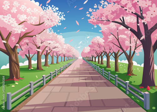 A picturesque pathway lined with blooming cherry blossom trees in spring