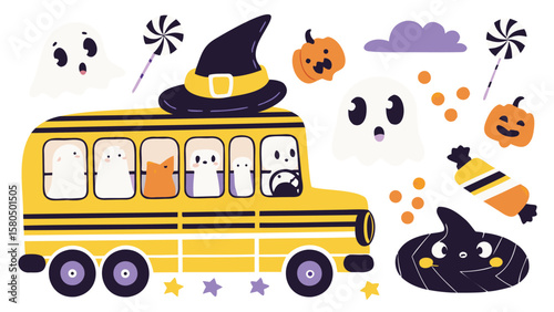 A yellow school bus filled with ghosts and a cat with halloween themed objects around it