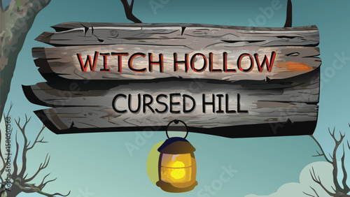 Illustration of a wooden sign reading witch hollow and cursed hill with a lantern hanging below it at night