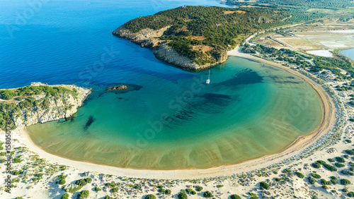 Fototapeta Naklejka Na Ścianę i Meble -  Aerial view of voidokilia bay beach, one of the best beaches in mediterranean Europe, beautiful lagoon of Voidokilia, Messinia, Greece