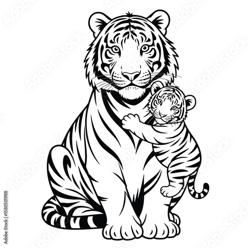 Mother tiger holding baby by the scruff in black and white vector wildlife illustration showing maternal care