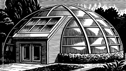 Futuristic smart villa with solar panels, glass dome, and vertical gardens, drawn in conceptual black and white line art illustration perfect for eco friendly, modern, and sci-fi architectural theme