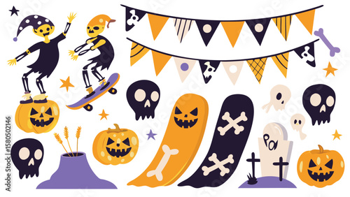Halloween themed illustration with skeletons, pumpkins, ghosts and decorative elements all arranged together