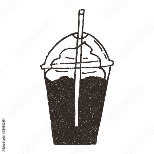 Coffee drink with whipped cream in plastic cup, cartoon doodle vector illustration isolated on white background. Hand drawn outline art with grunge texture. Concepts of cafe.