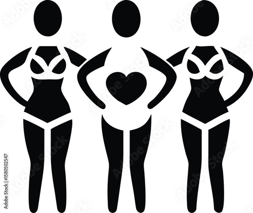 Silhouettes of man and woman standing together with fashion and body outlines in black vector style