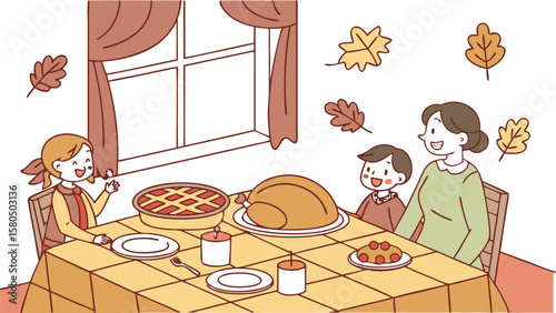 Happy family enjoying a festive thanksgiving dinner with a roasted turkey and apple pie surrounded by autumn leaves and warm curtains