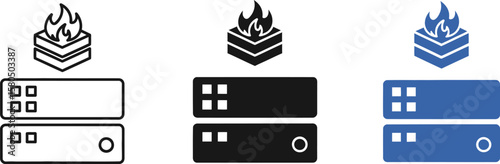 Server rack with firewall protection and flame icon in three styles