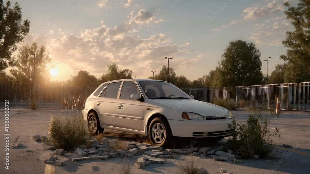 White car in abandoned parking lot sunset White car in abandoned parking lot sunset