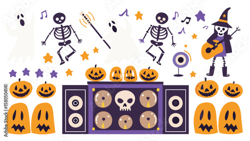 Halloween party scene with skeletons ghosts pumpkins and a dj booth with skull design 100 char
