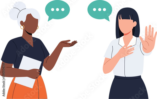 Two women communicating with speech bubbles one asking and the other refusing