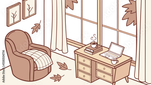 Cozy autumn scene with a comfortable armchair a desk with a laptop and coffee and falling leaves visible through a large window with curtains