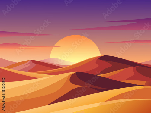 Vibrant desert landscape with rolling sand dunes at sunset under a purple sky
