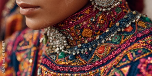 Close-up of Woman's Neck Adorned with Intricate Colorful Embroidery