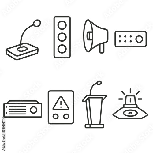 Public Address System Icons. Line style icons of Public Address Gear: paging microphone, column speaker, wall horn, zone selector,