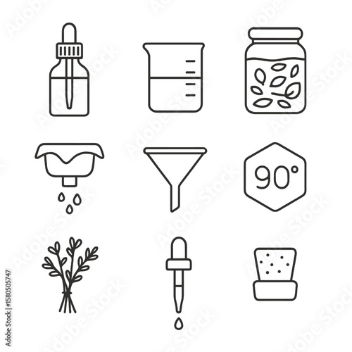 Herbal Tincture Icons. Line style icons of Herbal Tincture Bar: amber dropper bottle, graduated beaker, maceration jar, straining