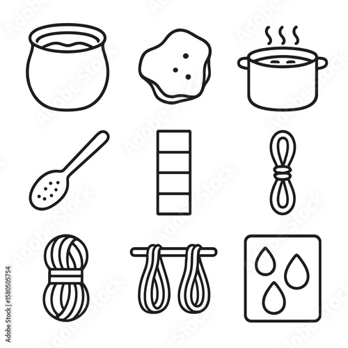 Natural Dye Icons. Line style icons of Natural Dye Workshop: indigo vat, madder root chunk, dye pot, mordant spoon, color swatch