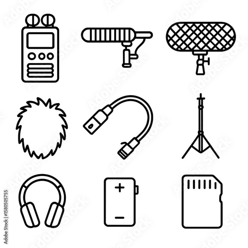 Field Recording Icons. Line style icons of Field Recording Pack: portable recorder, shotgun mic, blimp windshield, furry deadcat,