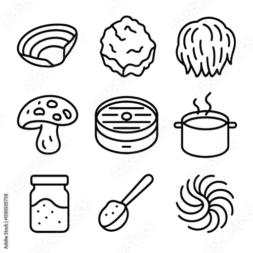 Medicinal Mushroom Icons. Line style icons of Medicinal Mushroom Apothecary: reishi slice, chaga chunk, lion’s mane tuft, shiitake