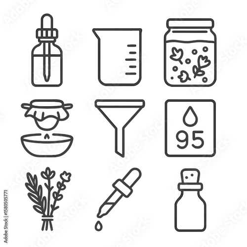 Herbal Tincture Icons. Line style icons of Herbal Tincture Bar: amber dropper bottle, graduated beaker, maceration jar, straining