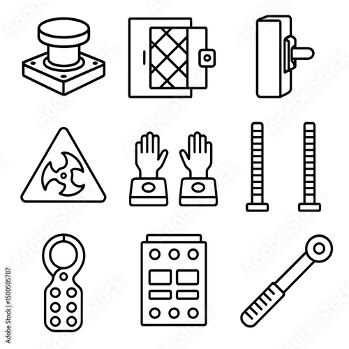 Industrial Safety Icons. Line style icons of Industrial Machine Safety: emergency stop button, machine guard, interlock switch,