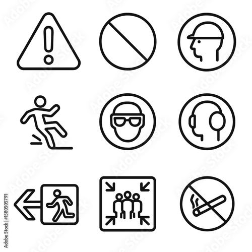 Workplace Safety Icons. Line style icons of Workplace Safety Signage: caution triangle, prohibition circle, mandatory helmet sign,