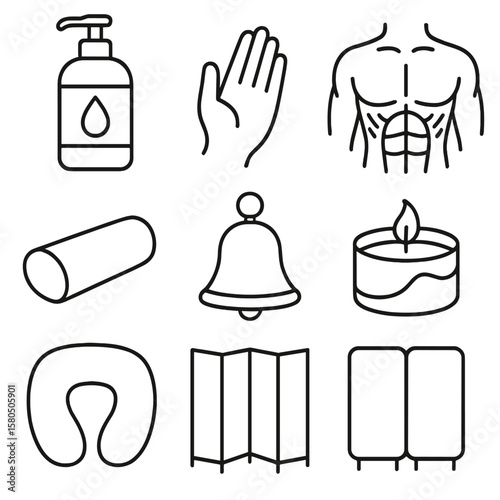 Swedish Massage Icons. Line style icons of Swedish Massage Tools: massage lotion bottle, effleurage hand icon, kneading fist,