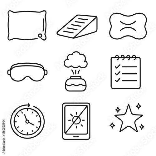 Sleep Care Icons. Line style icons of Sleep-Lines Prevention: silk pillowcase, side-sleep wedge, anti-wrinkle pillow core, sleep