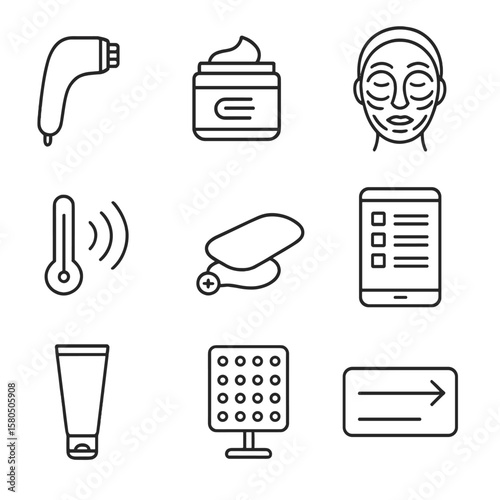 Radiofrequency Treatment Icons. Line style icons of Pro-Level Radiofrequency: RF handpiece head, conductive gel jar, heat map face